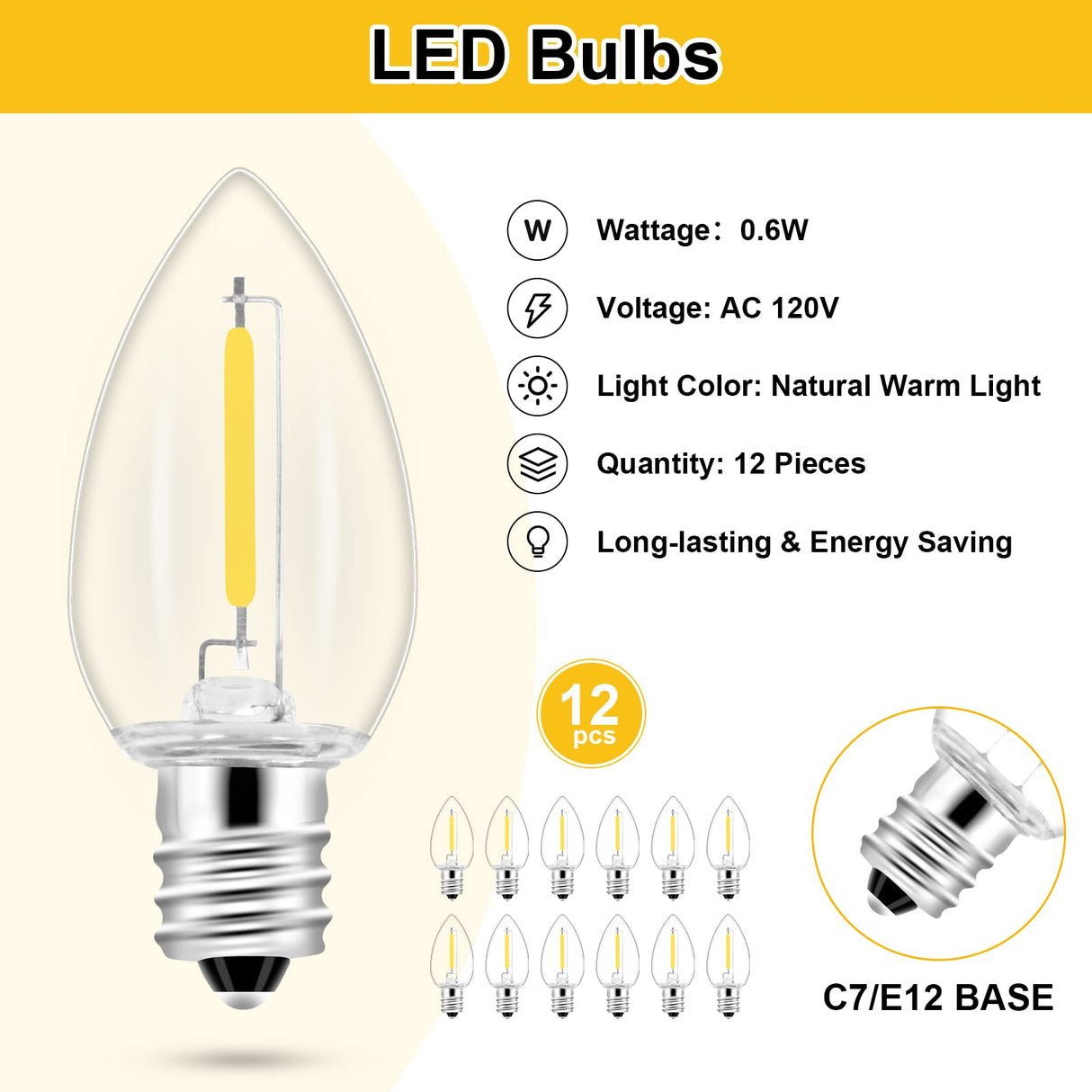 2Pack Accessory Cord with 12 LED Light Bulbs Christmas Village String Light 10.3FT White Cord with Spare Fuse Warm White C7 Lamp for Halloween Pumpkins Christmas Village Houses and Craft Decoration