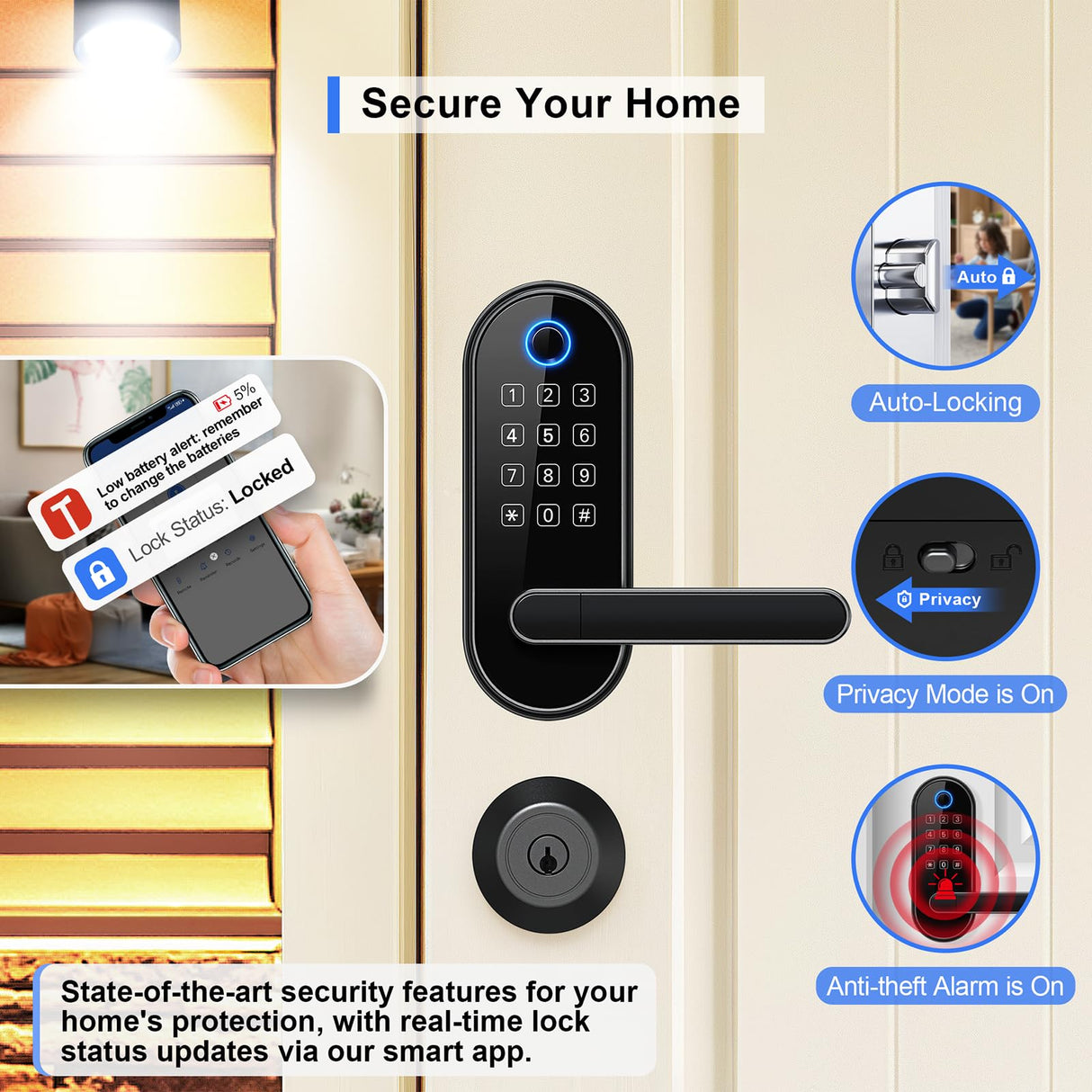 Bluetooth Fingerprint Smart Lock with Handle & Keypad – Fits Most US Doors, DIY Install, Keyless Entry: Code, FOB, Auto-Lock. Ideal for Home, Airbnb, Rental, Kids, Seniors. Alexa & Google Compatible