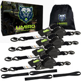 Retractable Ratchet Straps, 4-Pack, 1 Inch x 12 Feet Heavy Duty Tie Downs, 1760lb Break Strength, Self Retracting for Truck, Cargo, Trailer, Motorcycle, ATV, UTV (Black-Green, 4pack)
