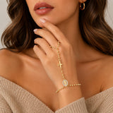 Gold Rosary Hand Chain Bracelet - 14K Gold Plated Virgin Mary Cross Ring Bracelets,Dainty Non Tarnish Golden Hand Chains Rosarios Catolicos Jewelry,Religious Rosary Beads Hand Bracelet Gift for Women