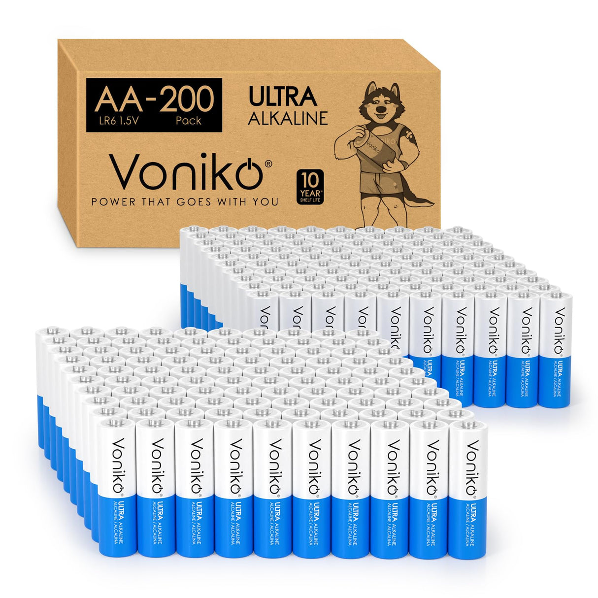 Voniko - Premium Grade AA Batteries - (200 Pack) - Alkaline Double A Battery - Ultra Long-Lasting, Leakproof 1.5v Batteries - 10-Year Shelf Life