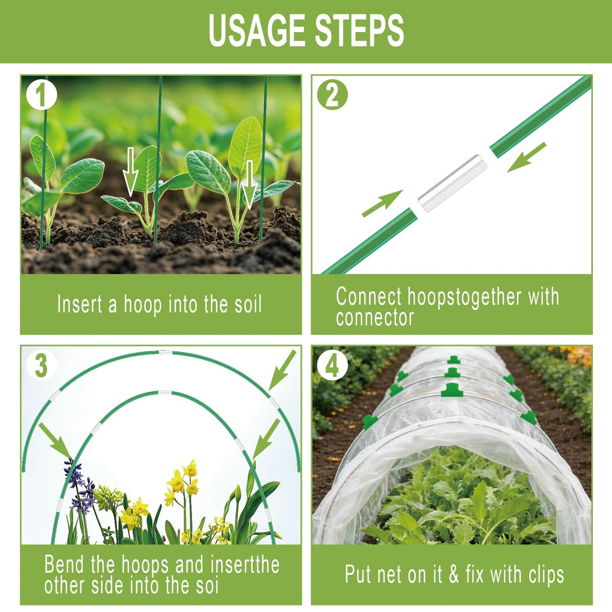 60PCS Garden Hoops for Raised Beds, 8FT Rust-Free Fiberglass Greenhouse Hoops, DIY Frame Stake to Create Grow Tunnels, Plant Support Row Covers & Garden Netting, 40Pcs Clips