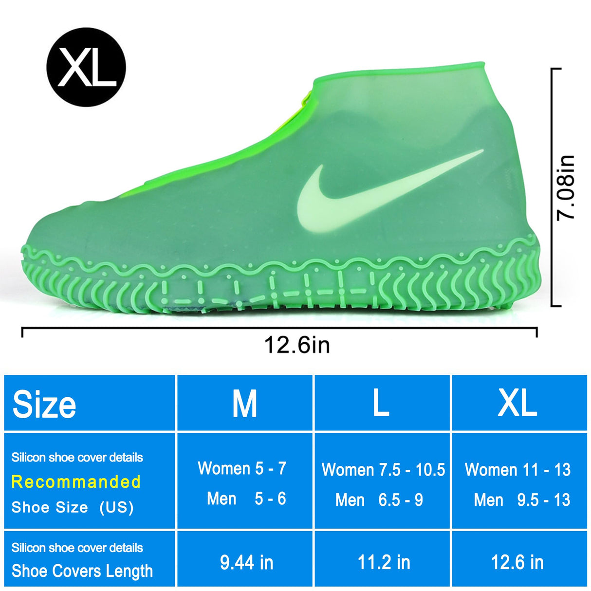 Shiwely Waterproof Shoe Covers, Silicone Reusable Shoe Cover Non-slip Durable Zipper Elastic Rain Cover Protection for Men Women (XL (Women 11-13, Men 9.5-13), Green)