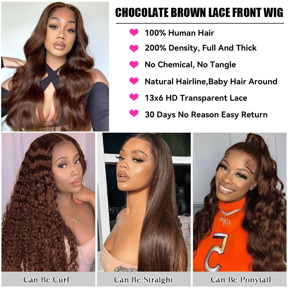 Aoque Chocolate Brown Lace Front Wig Human Hair 30 Inch 200% Density 13x6 Hd Transparent Body Wave Lace Front Brown Wigs Human Hair 4# Glueless Wigs for Women