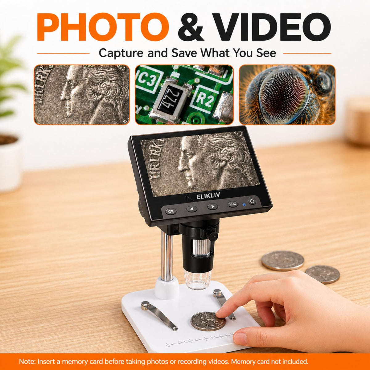 Elikliv Microscope, Digital Coin Microscope 1000x with Lights, EDM4, 4.3''