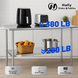 Hally Stainless Steel Table for Prep & Work 14 x 60 Inches, NSF Commercial Heavy Duty Table with Undershelf and Galvanized Legs for Restaurant, Home and Hotel