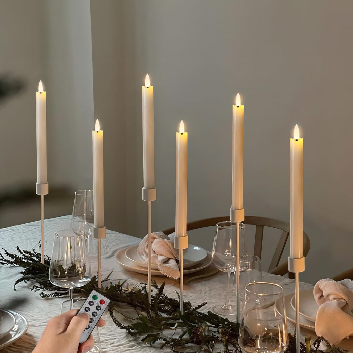 Homemory Waxy Flameless Taper Candles with Remote Timer Dimmer, LED Candlesticks Flickering, Battery Operated Window Candles, 9.6 Inches for Christmas Wedding Celebration Decor, Ivory, 6 Pcs