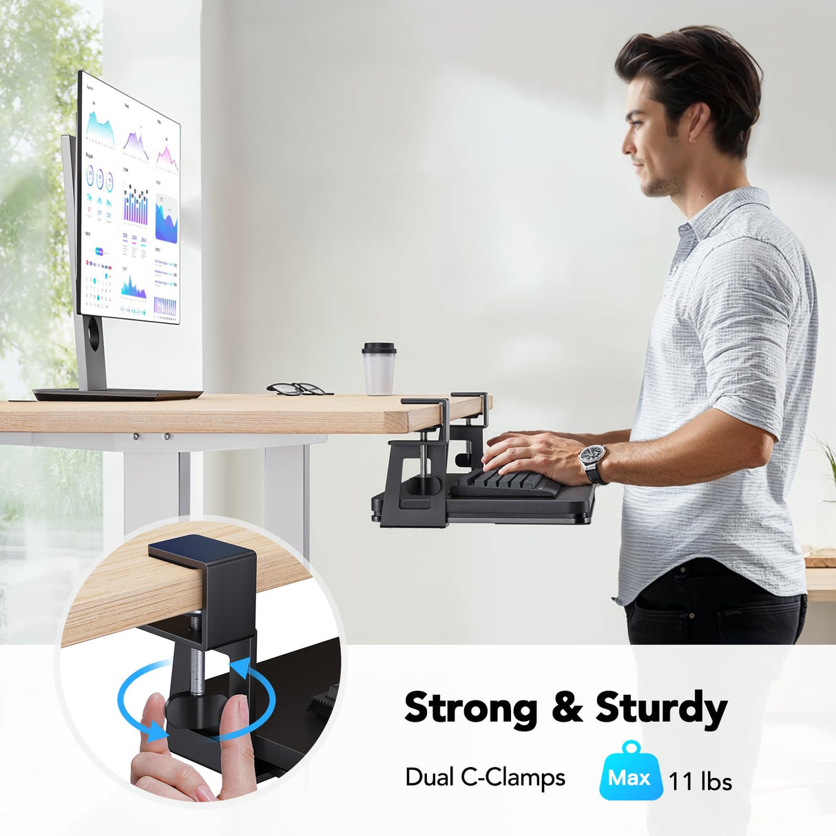 HUANUO Large Under Desk Keyboard Tray with Sturdy C-Clamp Mount, 26 (30.16" Including Clamps) x 12 inch Slide-Out Platform Computer Desk Heavy Duty Keyboard Tray with Storage Drawer for Typing, Black