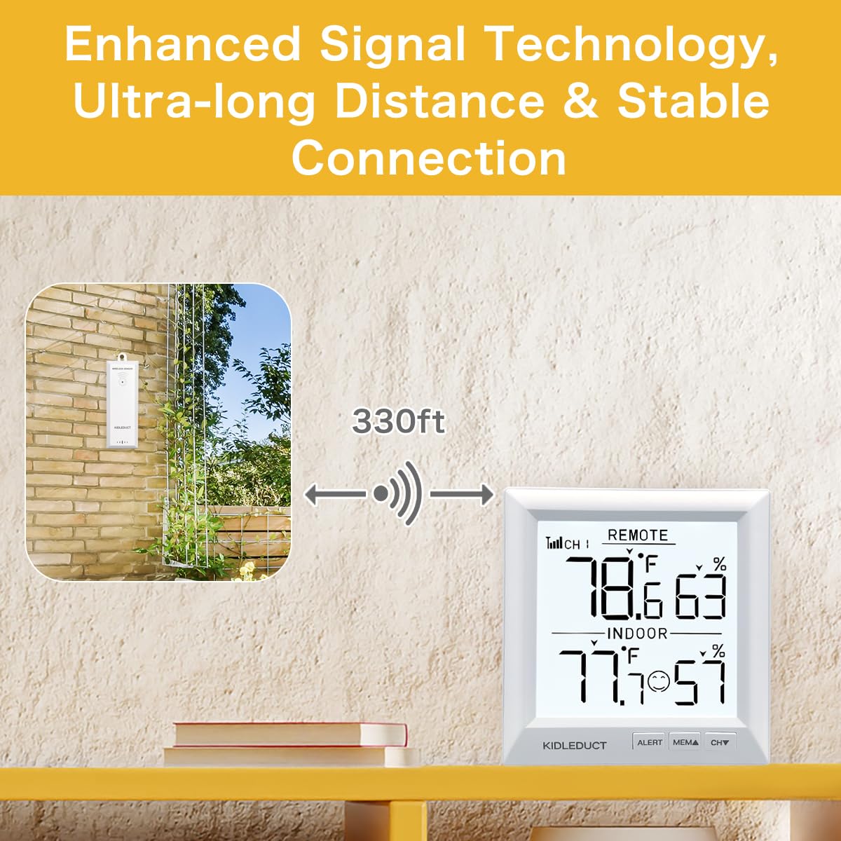 KIDLEDUCT Indoor Outdoor Thermometer Wireless Battery Powered, High Precision Inside Outside Humidity Temperature with Alert, Backlight Weather Thermometers with 1 Sensor, 330ft Wireless, White