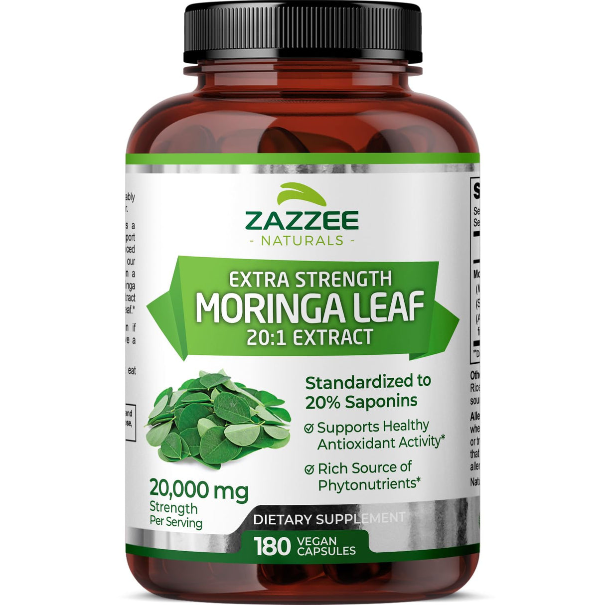 Zazzee Organic Moringa 20:1 Extract, 20,000 mg Strength, 180 Vegan Capsules, 100% Pure Oleifera Leaf Superfood, Concentrated and Standardized 20X Extract, All-Natural, Non-GMO, Made in The USA