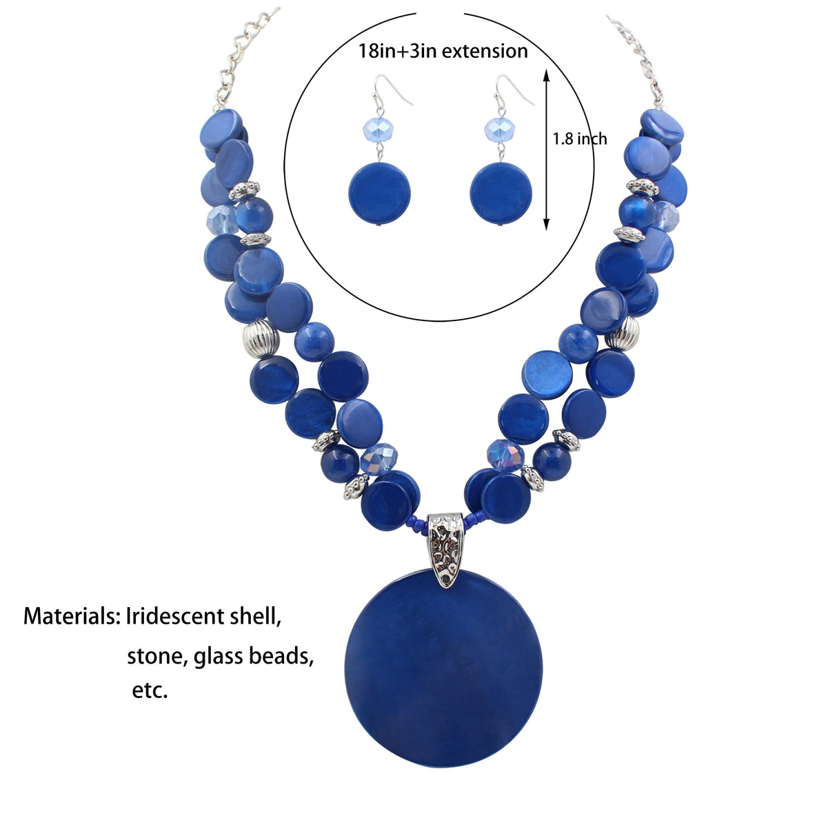 Xalroco Blue Layered Beads Statement Necklace for Women Big Colorful Glass Stone Circle Shell Pendant Necklace and Earring Set for Women