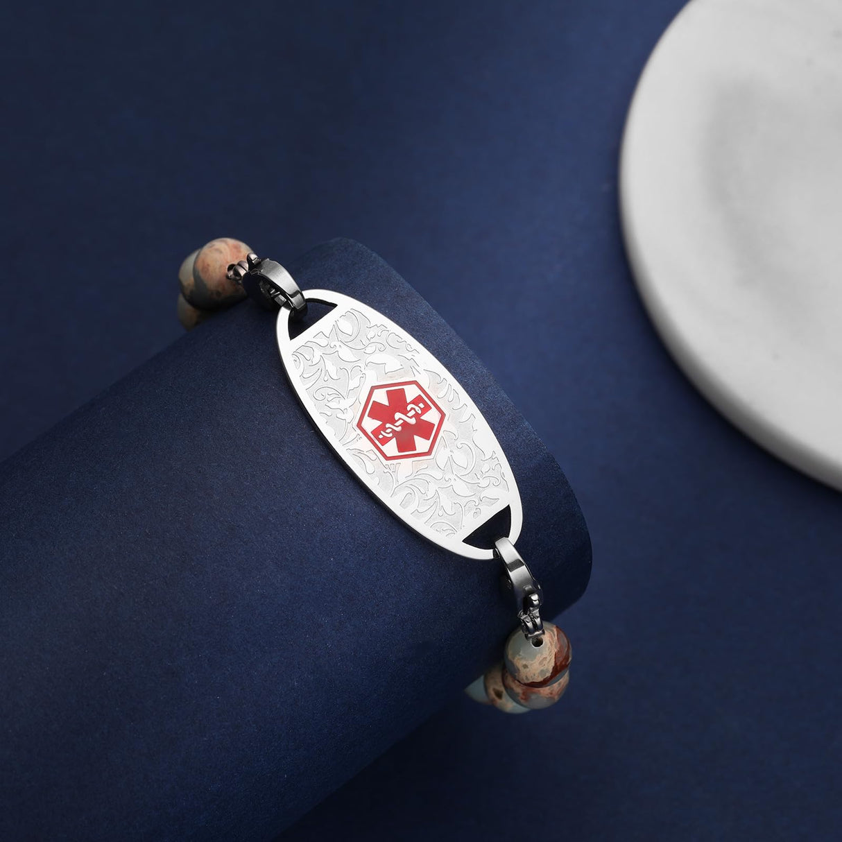 JFJEWER Medical Alert Bracelets for Women Men, Personalized ID Bracelets Free Engraving, Colorful Natural Stone Beaded Medical Bracelets