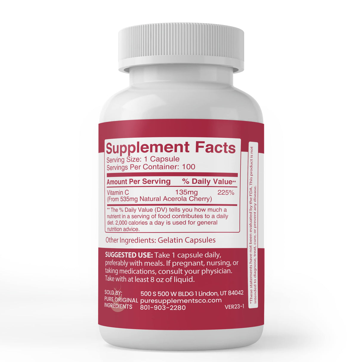 Pure Original Ingredients Acerola Cherry, (100 Capsules) Always Pure, No Additives Or Fillers