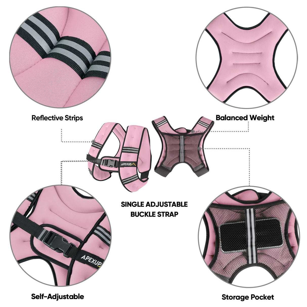 APEXUP Weighted Vest with 5lbs/10lbs/15lbs/20lbs/25lbs/30lbs Weights and Reflective Stripe, Weight Vest Men Women for Workout, Strength Training, Running (Pastel Pink, 10lbs)