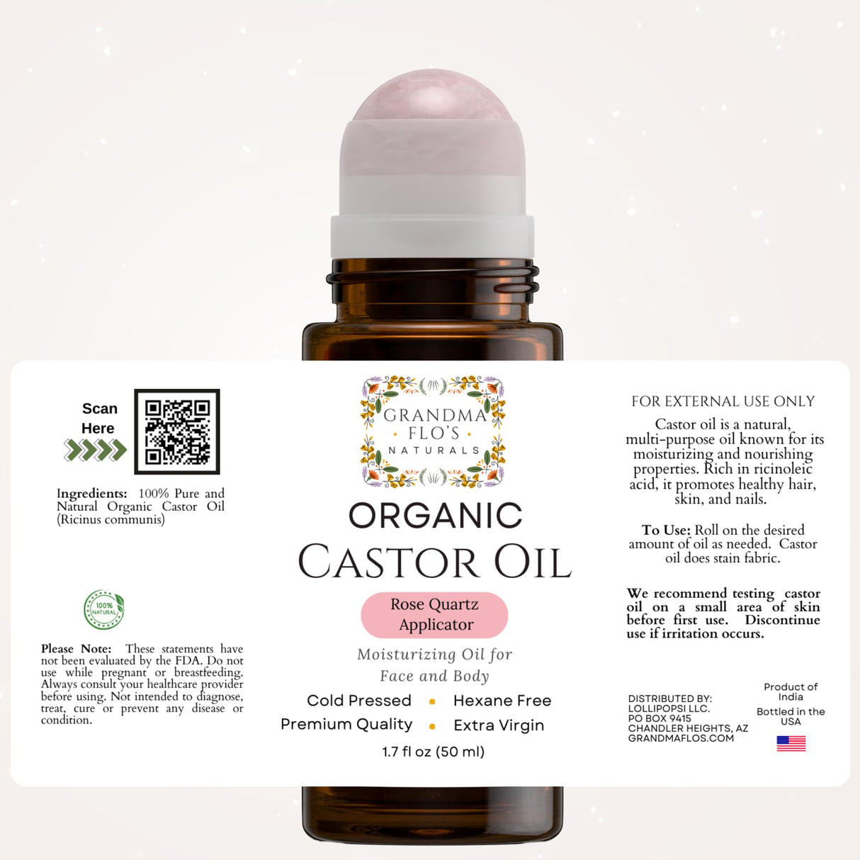 Grandma Flo's Naturals Organic Castor Oil with Rose Quartz Roll On For Face and Body - Glass Bottle, Cold Pressed, Hexane Free, Unrefined - Stimulate Hair Growth, Moisturize Skin (50ml)