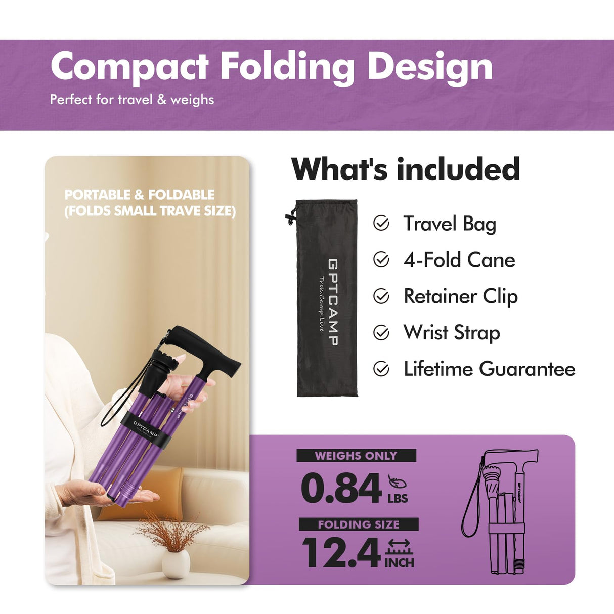 GPTCAMP G2 Walking Stick, Fold-up Walking Cane for Women and Men with Wrist Strap, Portable, Foldable, Collapsible, Lightweight and Sturdy with Comfortable T Handle