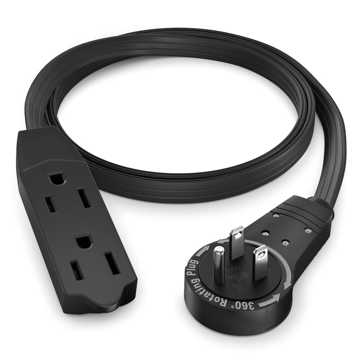Maximm Cable 20 Ft 360° Rotating Flat Plug Extension Cord, 16/3 AWG Multi 3 Outlet 3-Prong Grounded Wire- Black - UL Certified