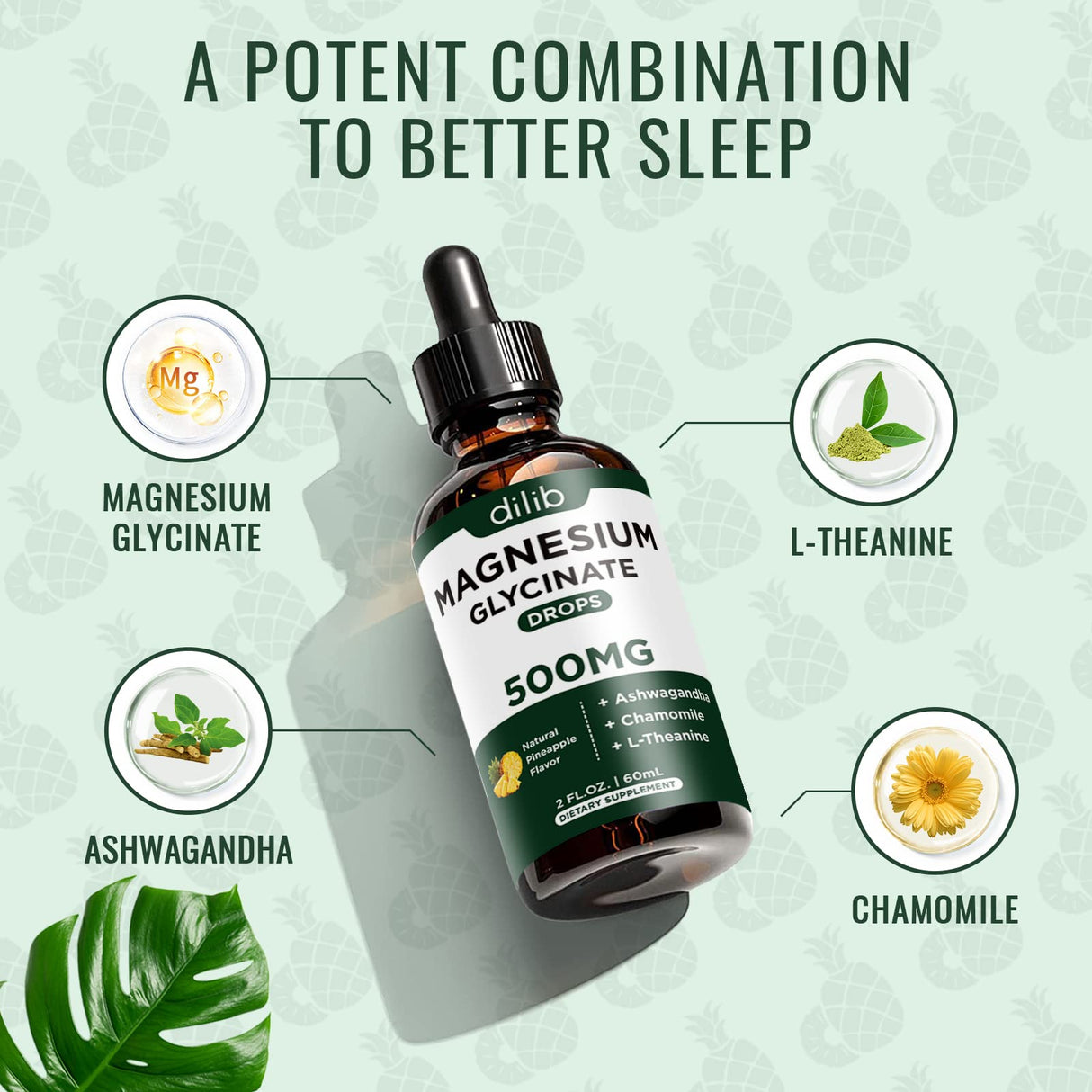 dilib Magnesium Glycinate 500mg - Liquid Magnesium Drops, Ashwagandha, L - Theanine, Chamomile - Calm & Stress Relief, Relaxation, Restful Sleep, Muscle Heart Health, Vegan - 2 Fl Oz (30 Days)