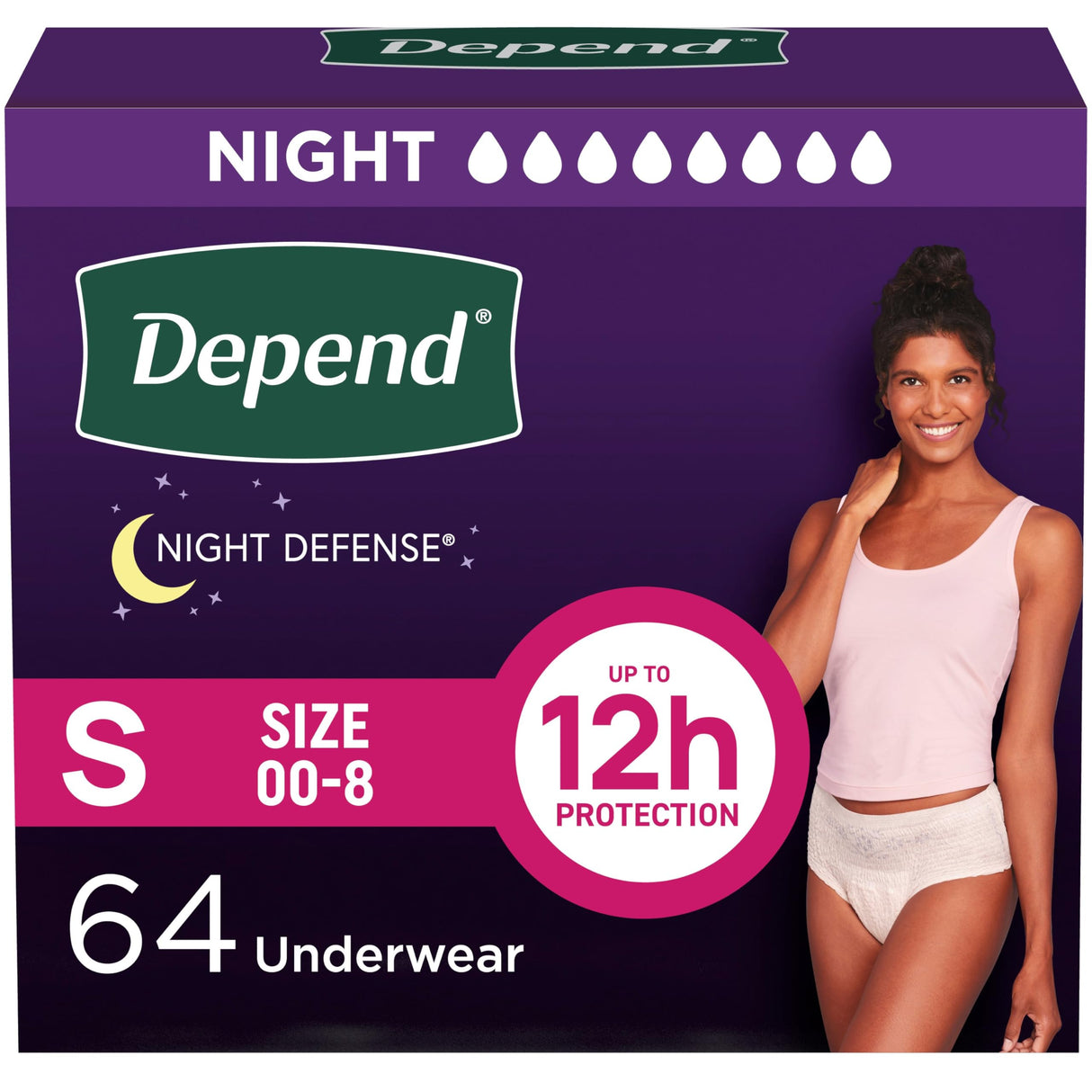 Depend Night Defense Adult Incontinence & Postpartum Bladder Leak Underwear for Women, Disposable, Overnight, Small, Blush, 64 Count (4 Packs of 16), Packaging May Vary