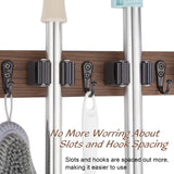 OUTNILI Mop and Broom Holder Wall Mount - Wood Broom Mop Hanger - Wall Mounted Garden Tool Rack Organizer for Closet Garage Laundry Room, Rustic Kitchen Decor With 4 Slots & 4 Hooks