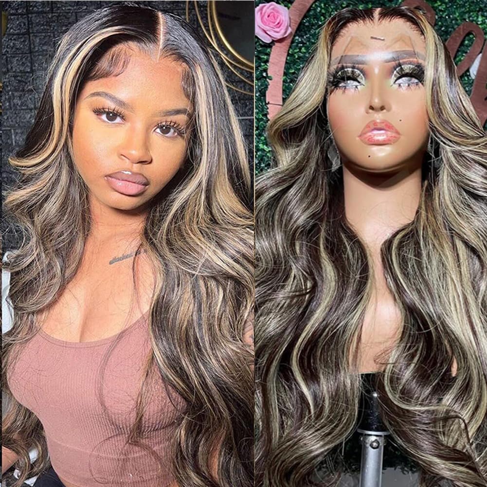 ABALON FB/27 28 Inch Highlight Balayage Lace Front Wig Human Hair 13x4 HD Lace Frontal Wigs Human Hair Body Wave Wig 200% Density Ombre Glueless Wigs Human Hair Pre Plucked with Baby Hair for Women