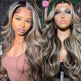 ABALON FB/27 28 Inch Highlight Balayage Lace Front Wig Human Hair 13x4 HD Lace Frontal Wigs Human Hair Body Wave Wig 200% Density Ombre Glueless Wigs Human Hair Pre Plucked with Baby Hair for Women