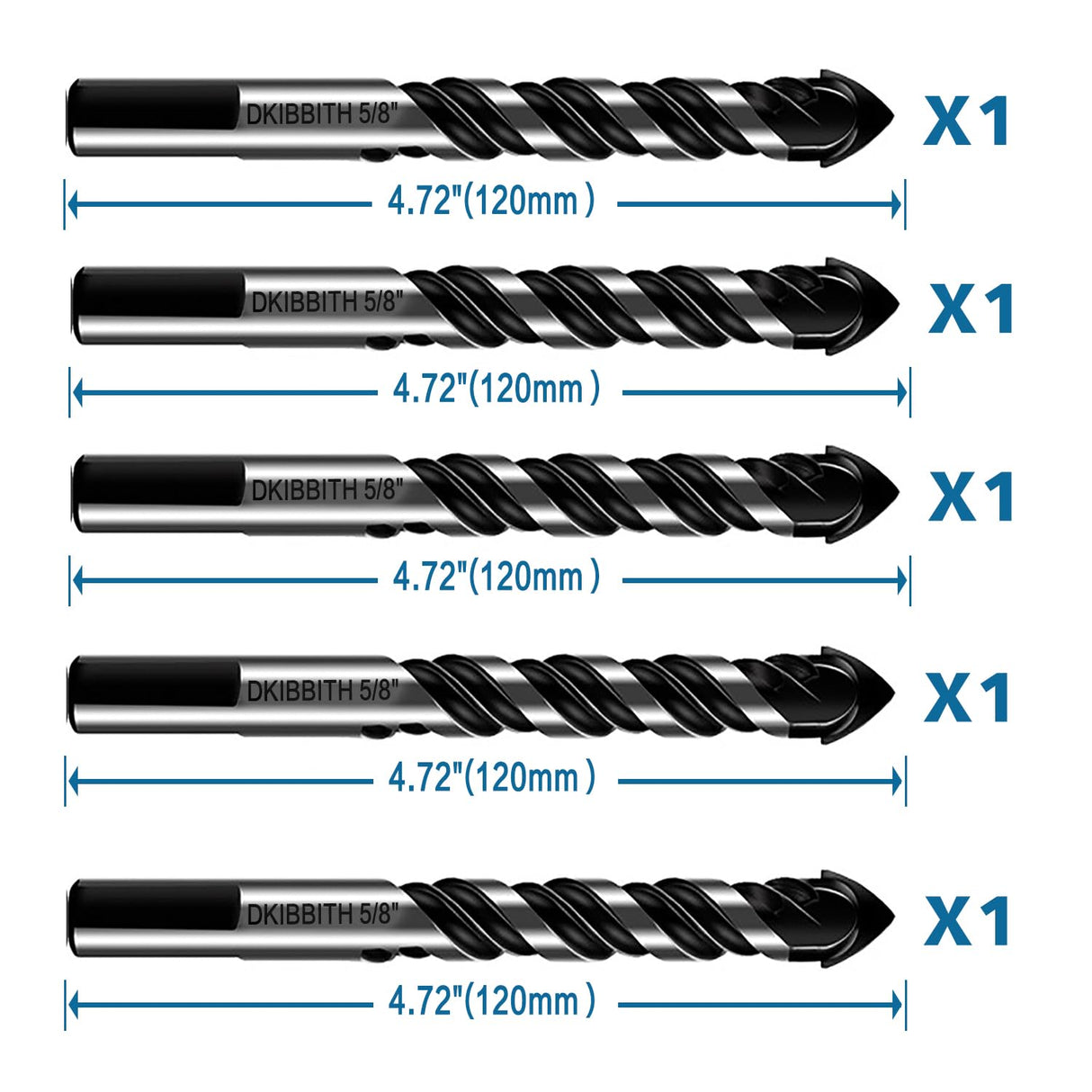 5-Piece 5/8“ Masonry Drill Bits for Tile Glass Ceramic Wall Brick Stone Soft-Metal Wood, 5/8 Inch Concrete Drill Bits Cement Drill Bit Set, 3-Flat Shank, YG8 Carbide Tungsten Steel Alloy Tip 16mm
