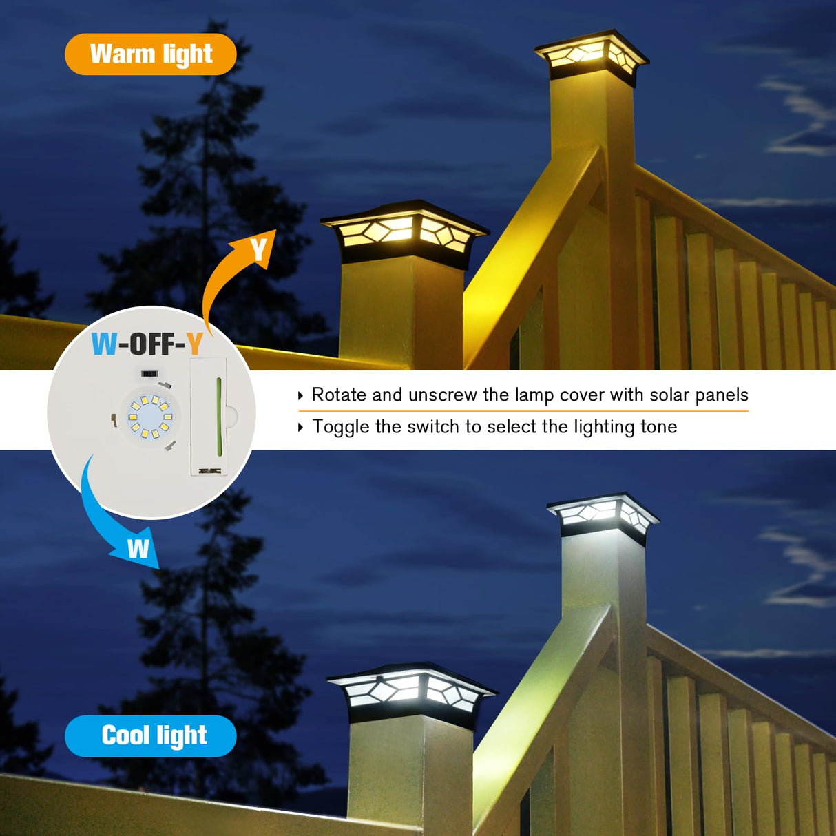 Solar Post Cap Lights Outdoor 8pack, Waterproof Solar Powered Deck Fence Post Lights for 4x4 Wood/Vinyl Posts, Solar Outdoor LED Light with Cool/Warm Lighting (Black, 8pack)