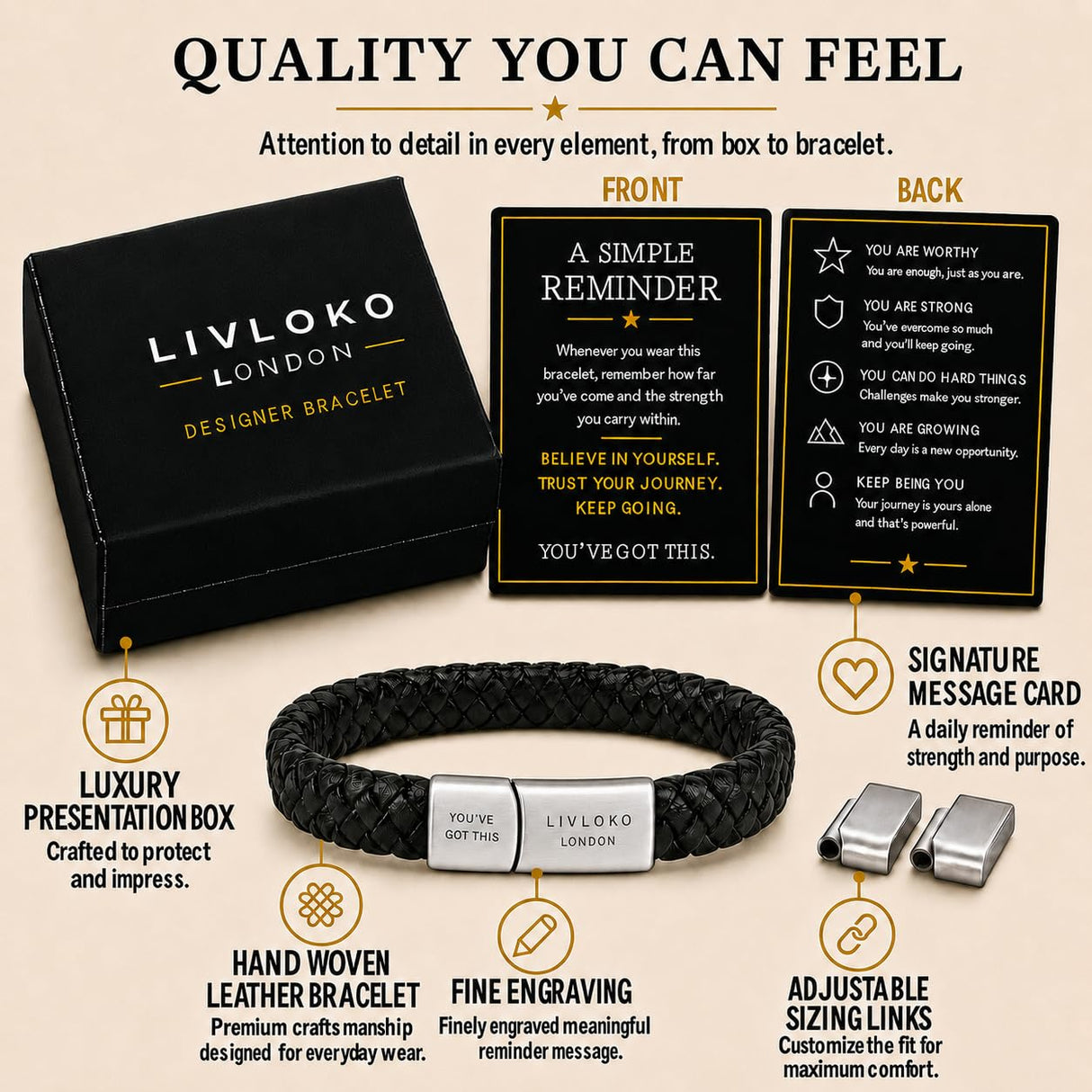 LIVLOKO LONDON Handcrafted Mens Braided Leather Bracelet for Men, Adjustable Stainless Steel Clasp Wrist Bracelet, Motivational Meaningful Personalized Gift for Him, Birthday Fathers Day Gift with Premium Gift Box, Black