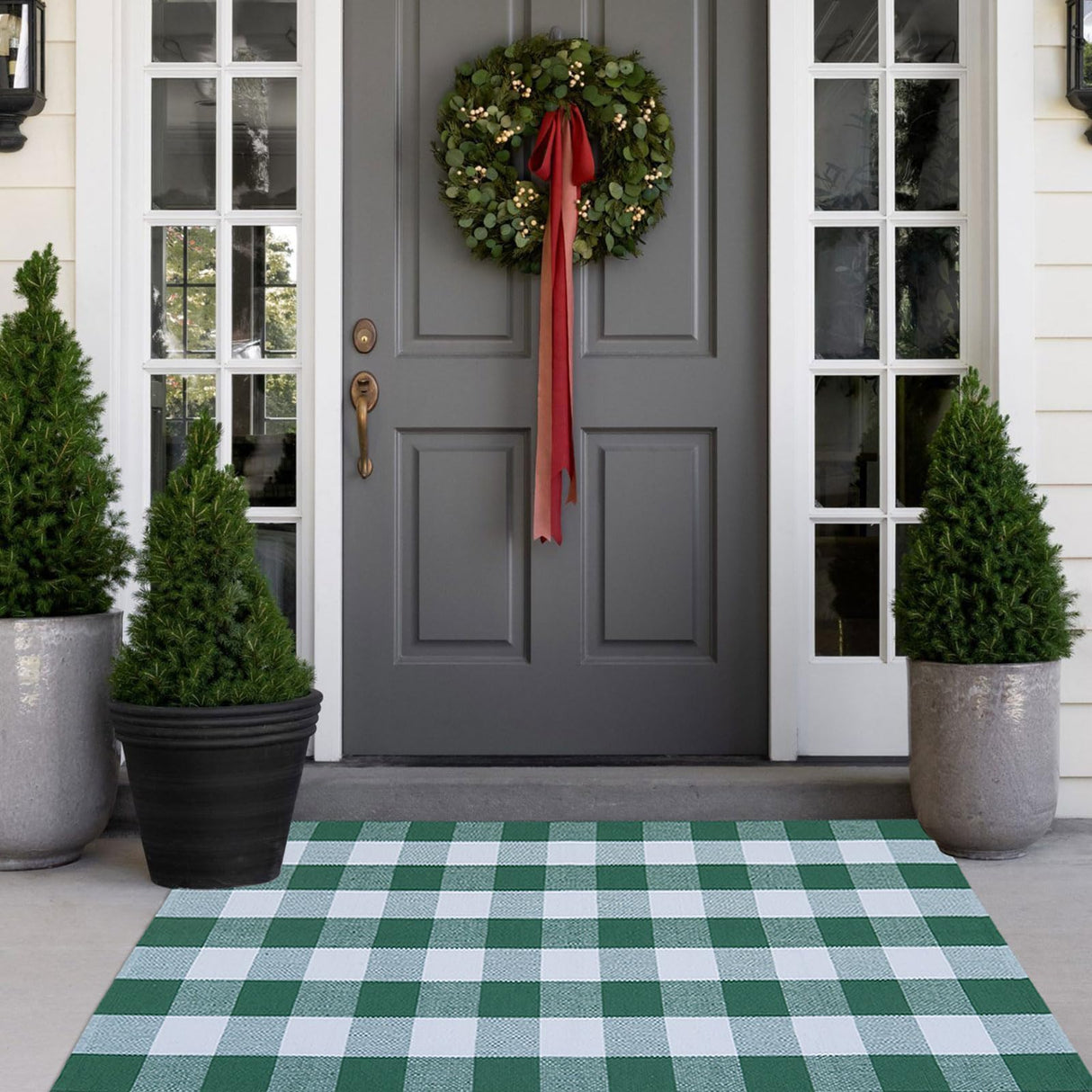 Christmas Outdoor Mat Buffalo Plaid Christmas Decor Rug Cotton Hand-Woven Layered Door Mats Washable Carpet for Front Porch, Kitchen, Farmhouse, Entryway