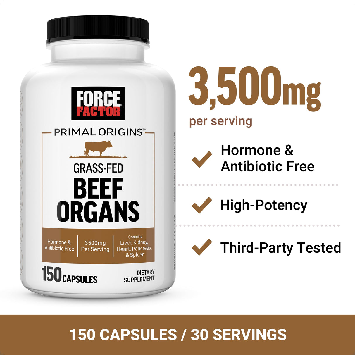 FORCE FACTOR Primal Origins Beef Organ Supplement Made with Pasture-Raised, Grass Fed & Including Beef Liver, Kidney, Heart, Pancreas, & Spleen, Hormone Free, Non-GMO, 150 Capsules