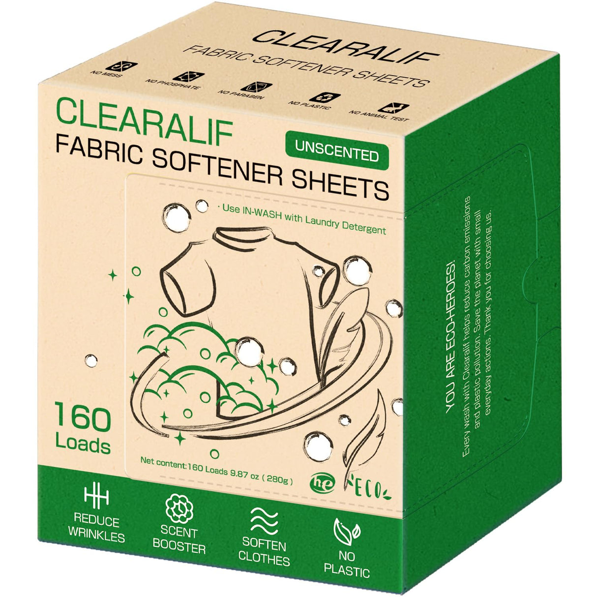 CLEARALIF laundry Fabric Softener Sheets, Unscented, 160 Loads, Eco Friendly, Great For Travel, Apartments, Dorms.