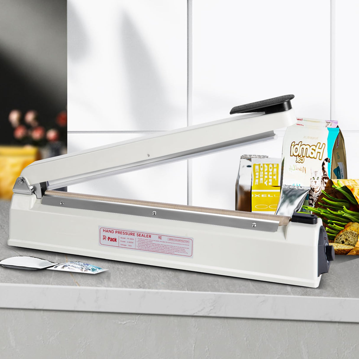 R-PACK Impulse Heat Sealer with Cutter, Heavy-Duty Bag Sealing & Cutting Machine, 2 Extra Replacements (White, 16-Inch)