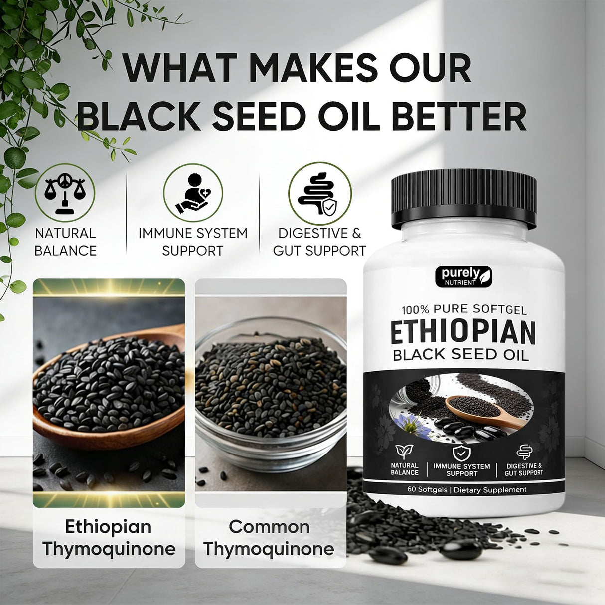 Purely Nutrient Ethiopian Black Seed Oil, Purely Ethiopian Black Seed Oil Capsules 4.64% Thymoquinone, Organic Cold Pressed Black Cumin Seed Oil Softgels, Non-GMO, Gluten-Free, 60 Softgels