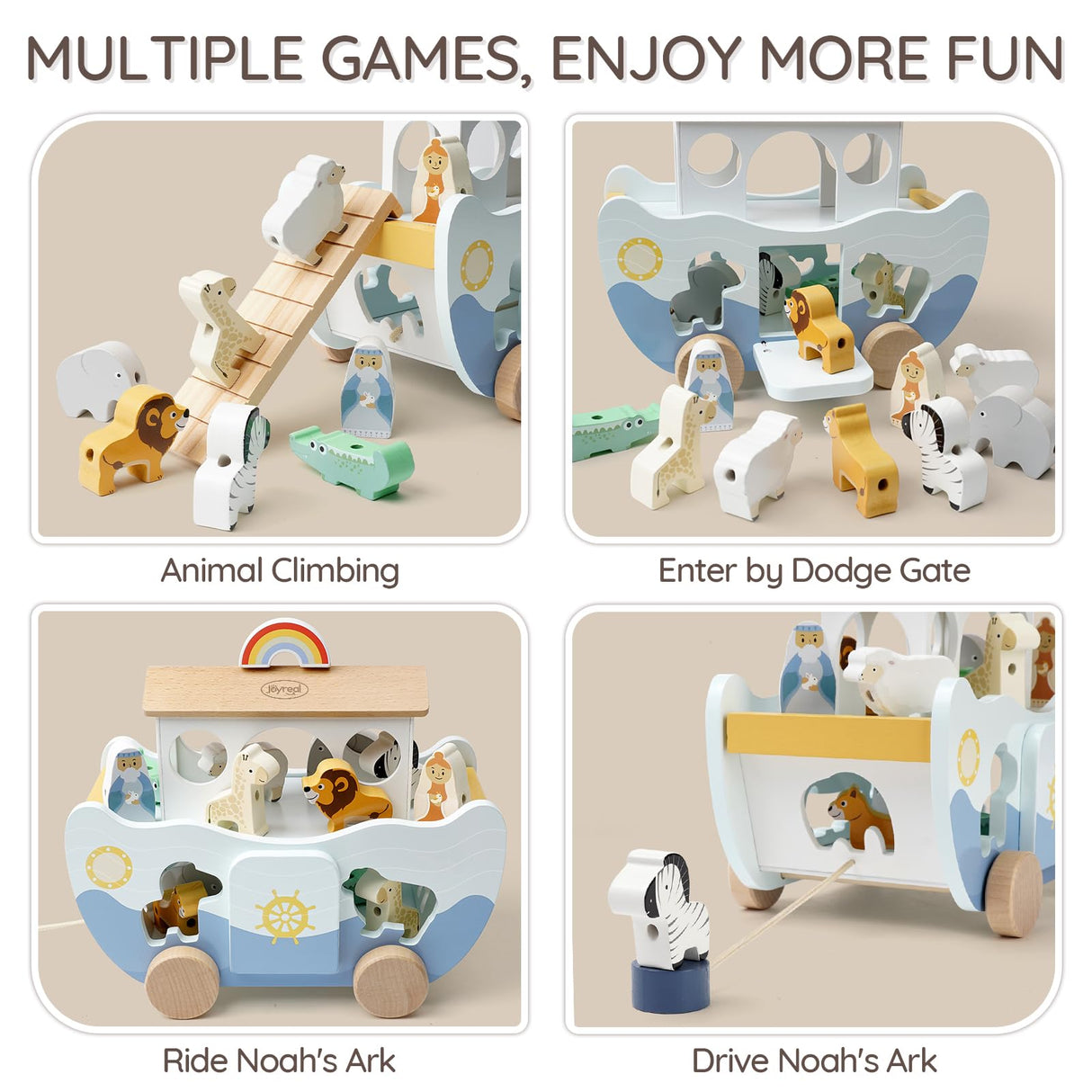 Joyreal Wooden Noah's Ark Toy for 1 Year Old Baby Boy and Girl Baptism Gift - Neutral Color Montessori Educational Toy with Animal Shape Sorter - Christian Toys for Toddler 1-3 Christmas Birthday Gift