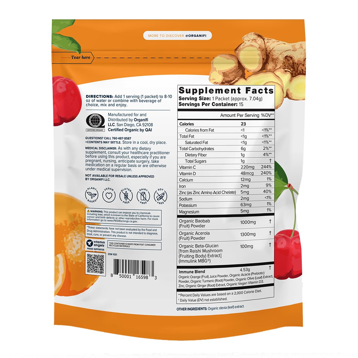 Organifi Immunity - Organic Superfood Immunity Support - 15 Single Serve Packets - Immunity Powder for T Cell Production and Upper Respiratory Health - Mushroom Beta Glucans, Vitamin C, D and Zinc