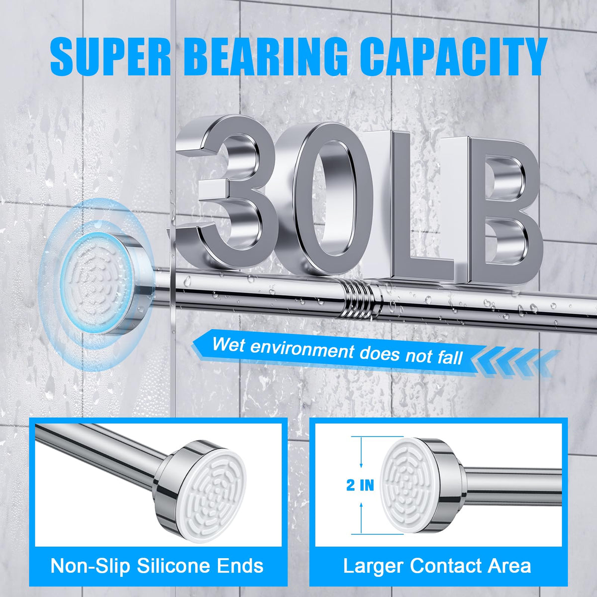TEECK Shower Curtain Rod, 32-80 inch Adjustable Spring Tension Curtain Rod, Never Rust Anti-Slip Shower Curtain Rod for Bathroom, No Drilling, Never Collapse, Easy to Use, Silver