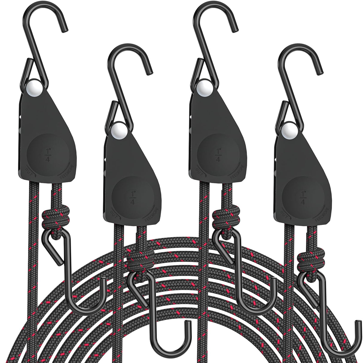 Kayak Straps Tie Downs 4 Pack, Roof Rack Straps Adjustable Ratchet Tie Down Straps with Lock S Hooks, 1/4 Inch 12 Feet Ratchet Straps Heavy Duty for Small Cargo, Kayak, Packing, Camping Gear