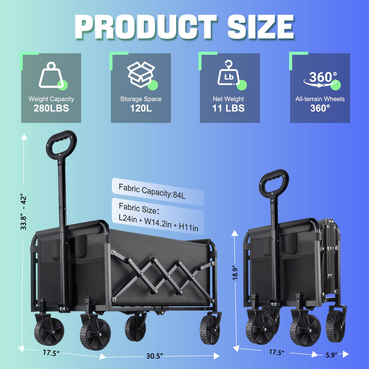 280LBS Small Collapsible Folding Wagon Cart Lightweight with 2 Cup Holders