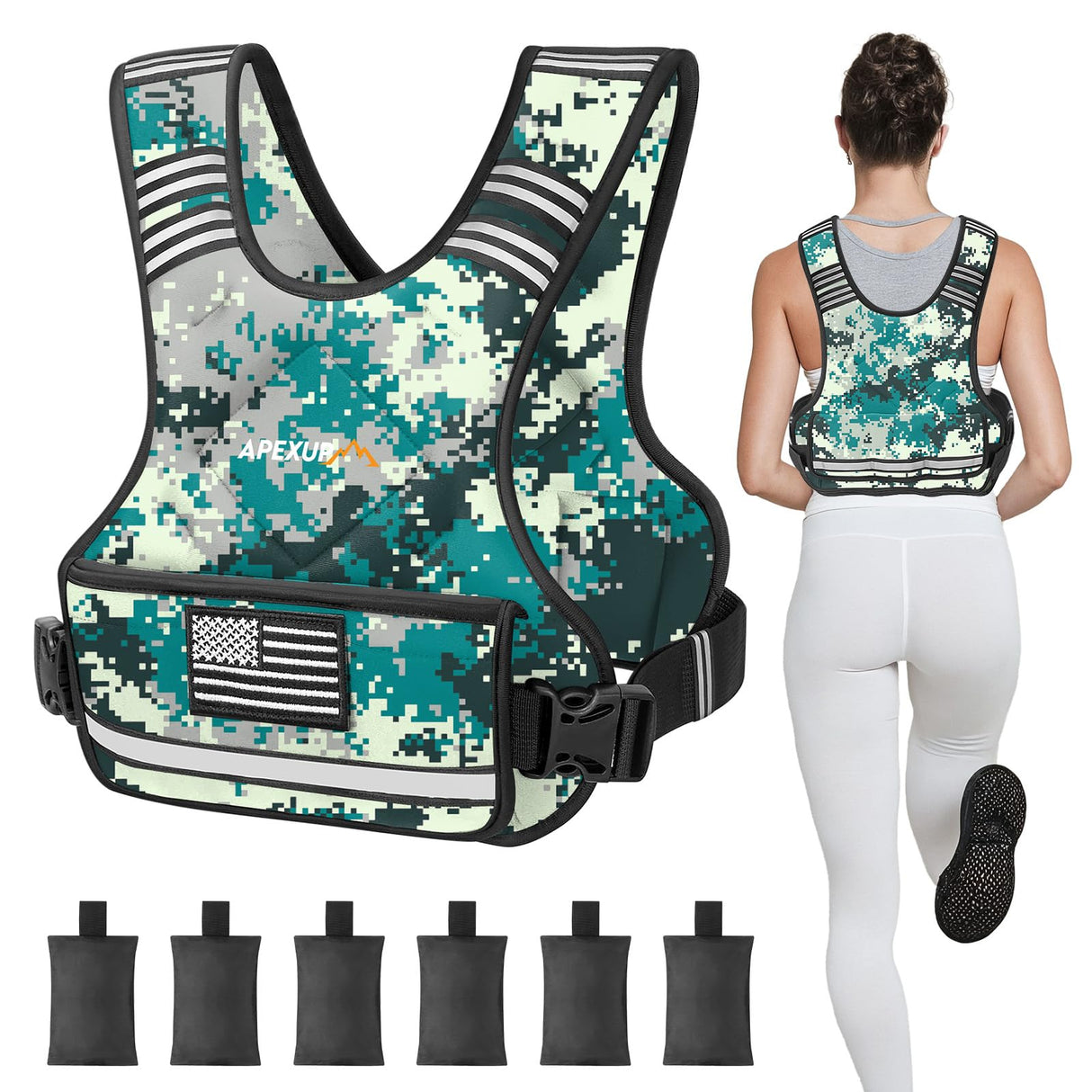APEXUP Adjustable Weighted Vest, 4-10lb/12-18lb/20-32lb Vest with 6 Ironsand Weights and Large Pocket, Weight Vest for Men Women Strength Training, Running, Walking (12-18lb, Digital Camo)