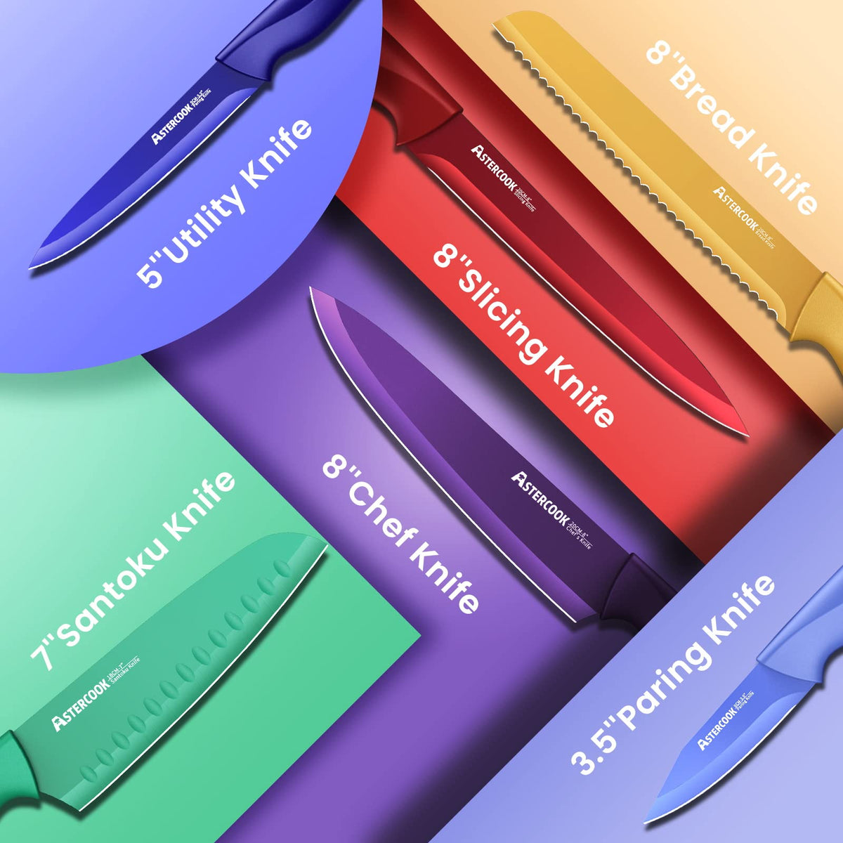 Astercook Knife Set, 12 Pcs Color-Coded Kitchen Knives Set, 6 Color Anti-Rust Coating Stainless Steel Chef Knife Sets with 6 Blade Guards Dishwasher Safe, Perfect Holiday Gifts for Kitchen