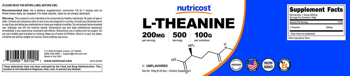 Nutricost L-Theanine Powder 100 Grams - Gluten Free & Non-GMO