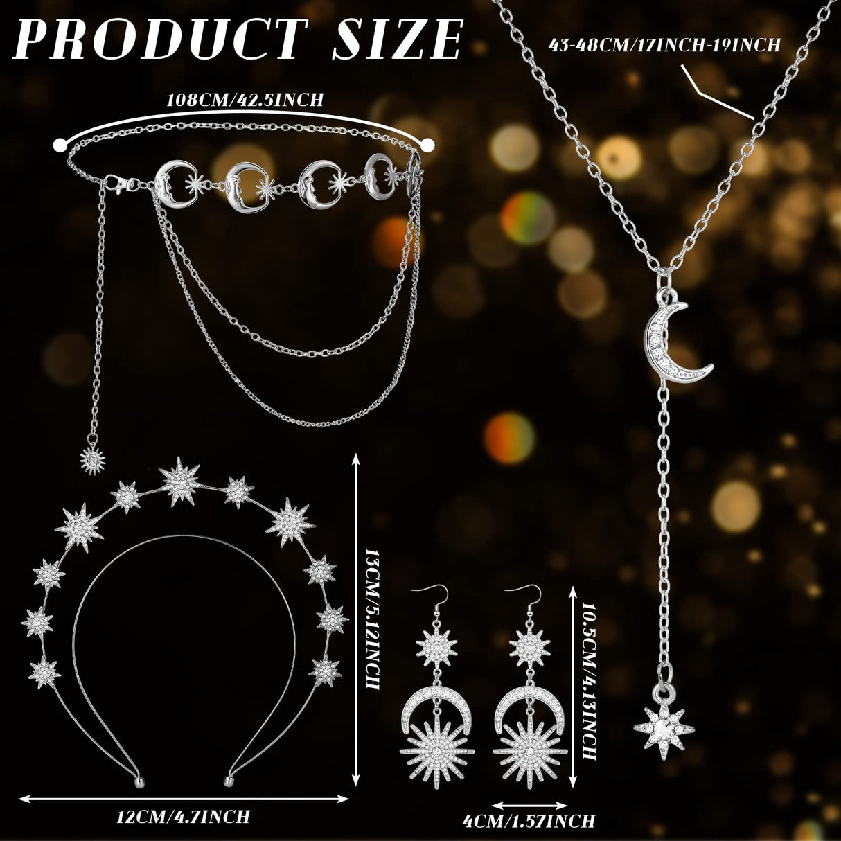 Glenmal 4 Pcs Celestial Jewelry Moon Star Necklace Headband,Silver