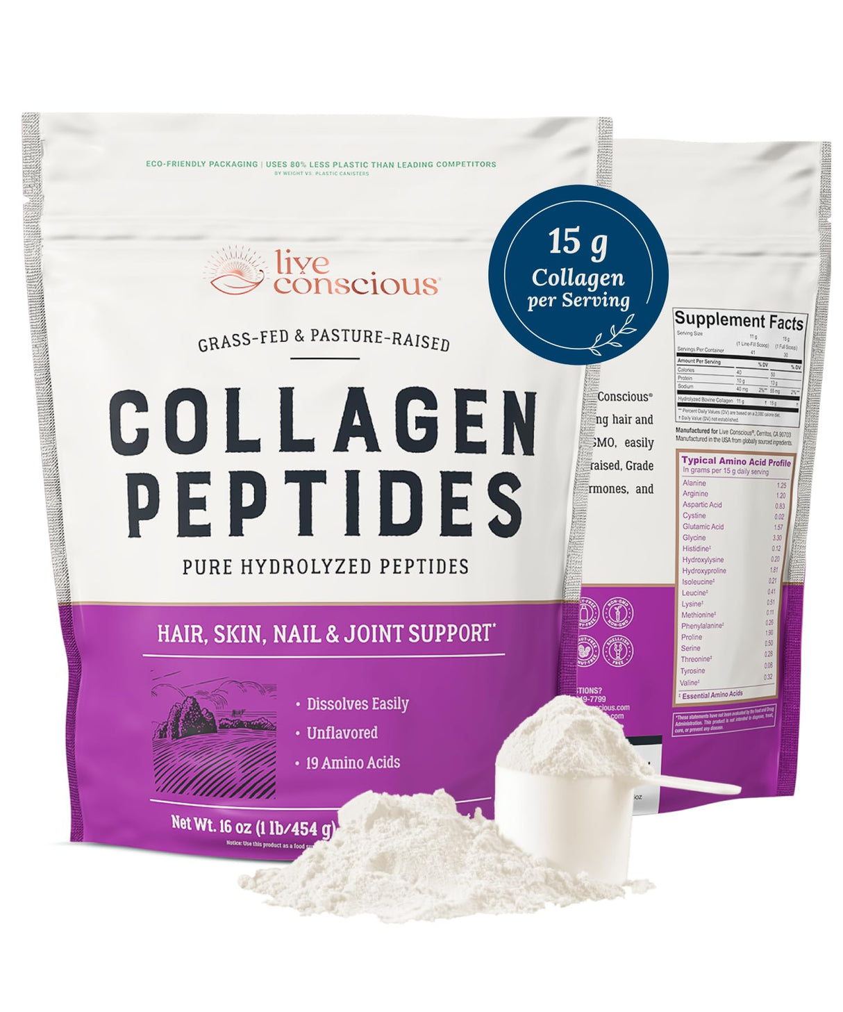 Collagen Peptides Powder - Naturally-Sourced Hydrolyzed Collagen Powder - Hair, Skin, Nail, and Joint Support - Type I & III Grass-Fed Collagen Supplements for Women and Men - 41 Servings - 16oz