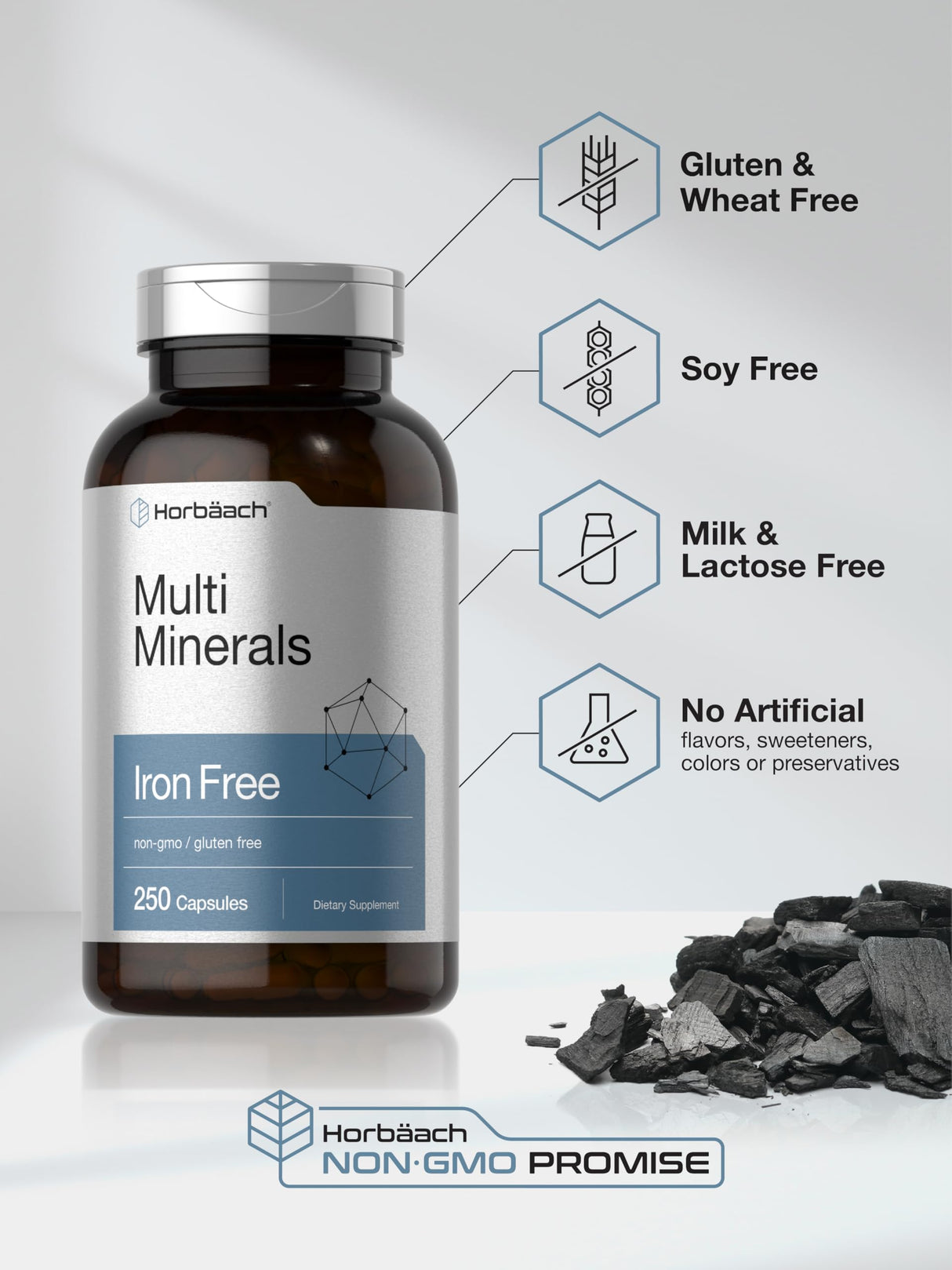 Horbäach Multi Minerals Supplement | 250 Capsules | Iron Free | Daily Mineral Complex for Men and Women | Non-GMO & Gluten Free