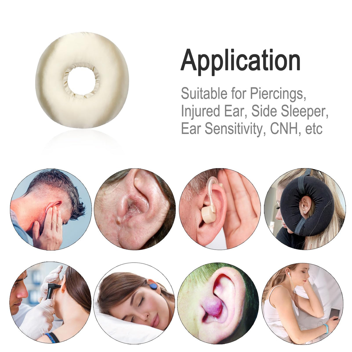 Washable Silky Satin Ear Piercing Pillow with Removable Pillowcase Smooth Cooling Donut Pillows Hole for Ear Pain Relief CNH Sleeping Pressure Sore Side Sleepers Ear Guard Protector, Champagne