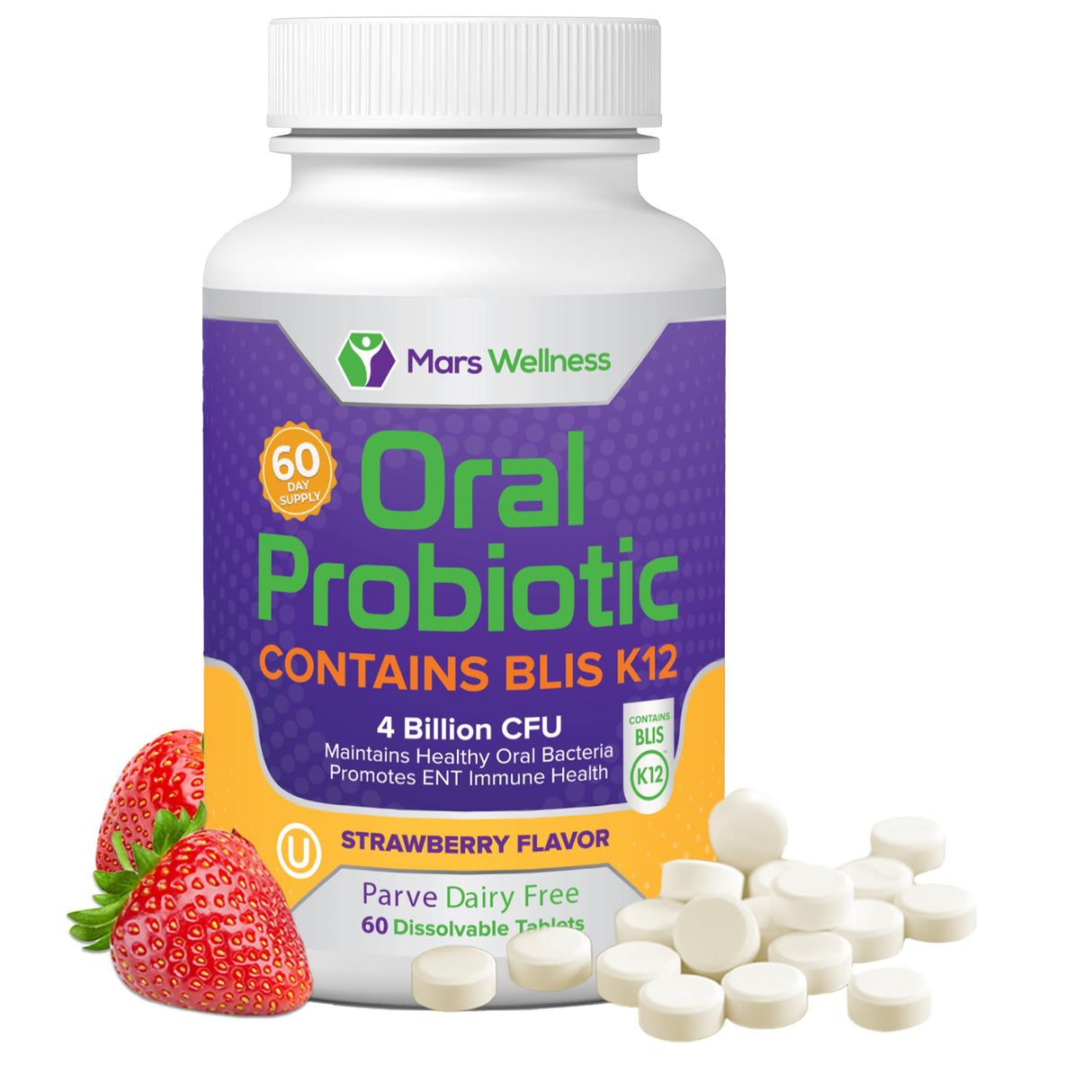Oral Probiotic Supplement with BLIS K12 4 Billion CFU - Now Dairy Free 60 Day Supply Bottle for Bad Breath, Strep, Cavities, Gum Oral and Dental Health - Sugar Free - USA Made - 60 Count