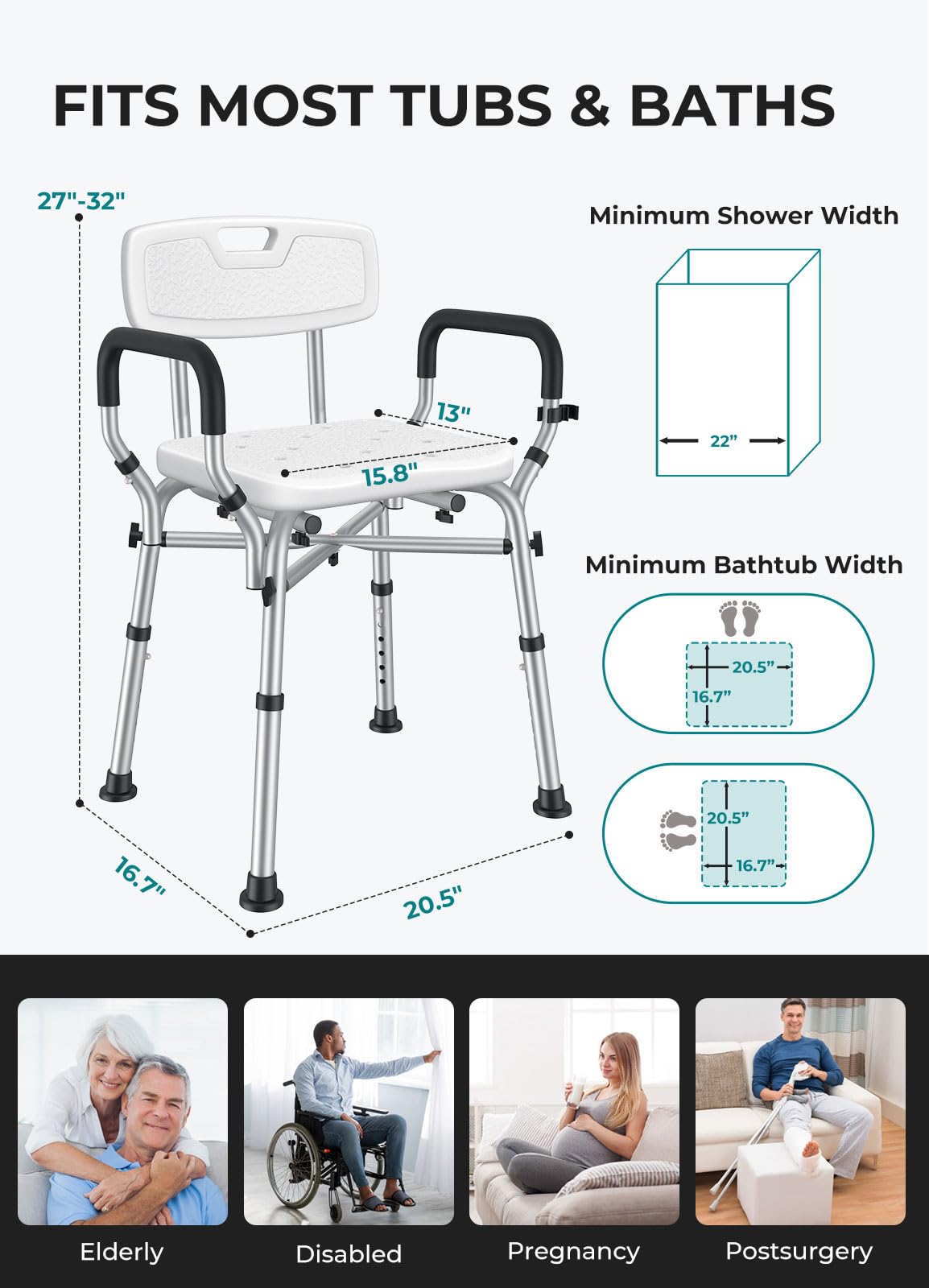 VFAUOSIT Shower Chair for Elderly and Disabled, 550 lbs Shower Chair for Inside Shower with Arms and Back, FSA/HSA 6-Height Shower Seats for Adults with Shower Bag, Bath Chairs for Seniors Inside Tub