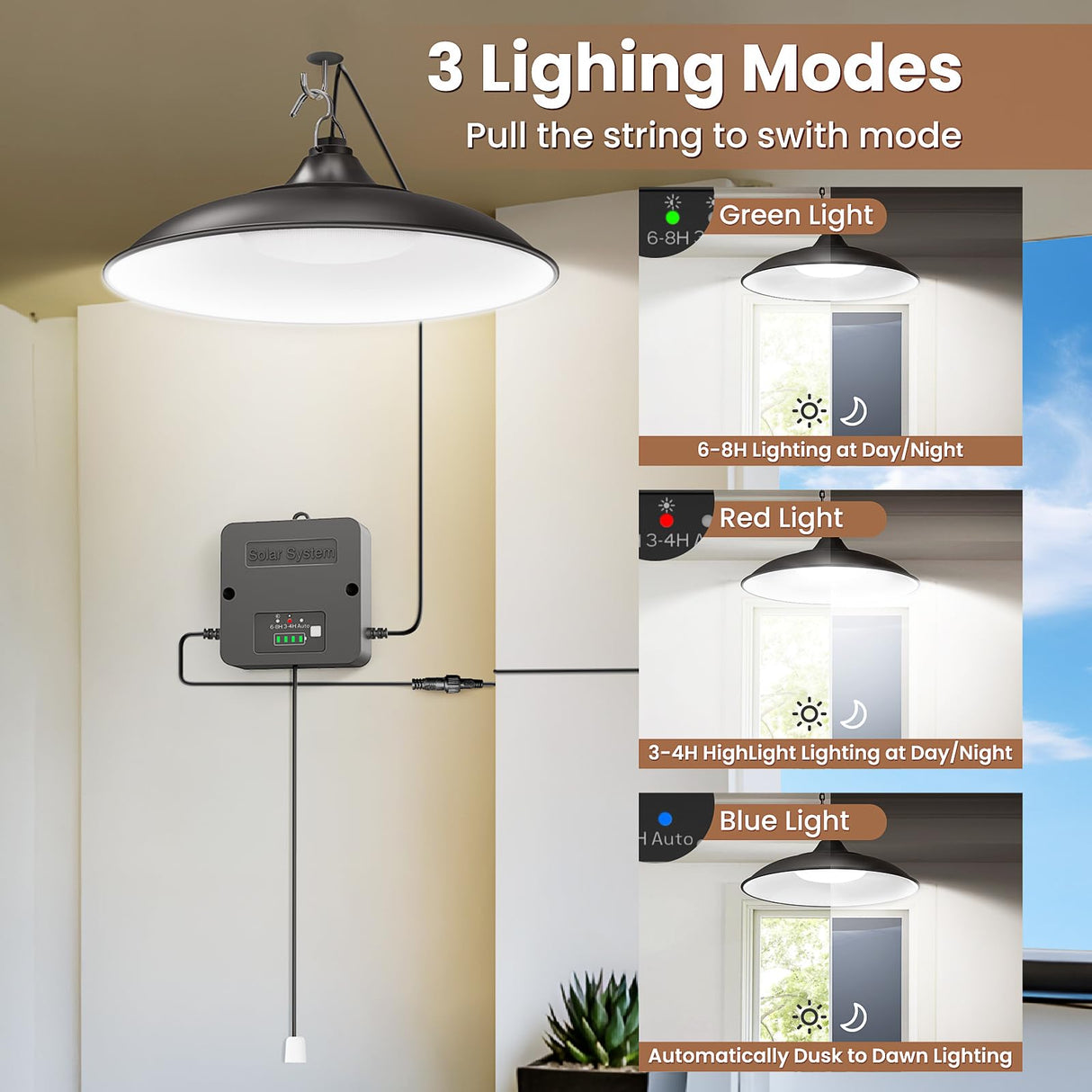 APILAB Solar Shed Light Indoor Outdoor, 2000LM Daytime Available Pendant Light with Pull String, Dusk to Dawn, 3 Lighting Modes Solar Lights Indoor, IP65 Waterproof for Barn, Gazebo, Shop, Garage