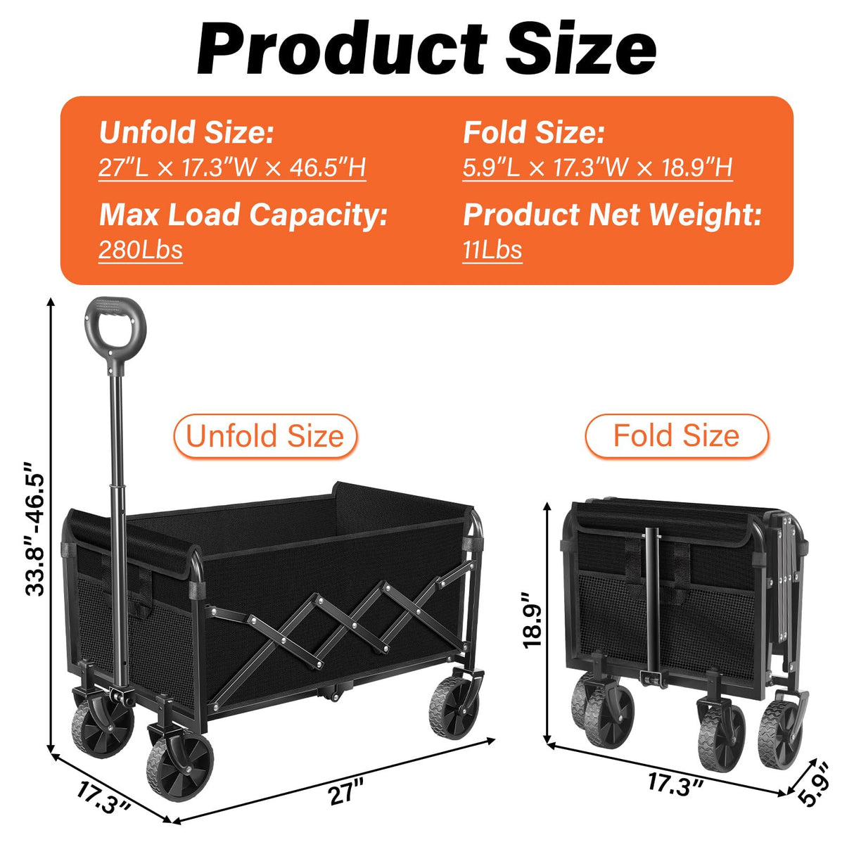 Wagons Carts Foldable - 280Lbs Collapsible Wagon Cart with Wheels Portable - Folding Wagon Lightweight for Camping, Sports, Travel, Picnic, Groceries, Shopping